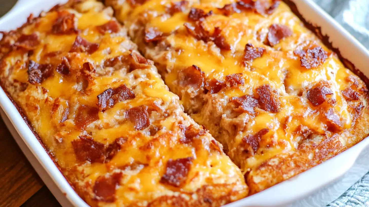 A golden-brown pancake casserole topped with melted cheese and crispy bacon, freshly baked in a white casserole dish.