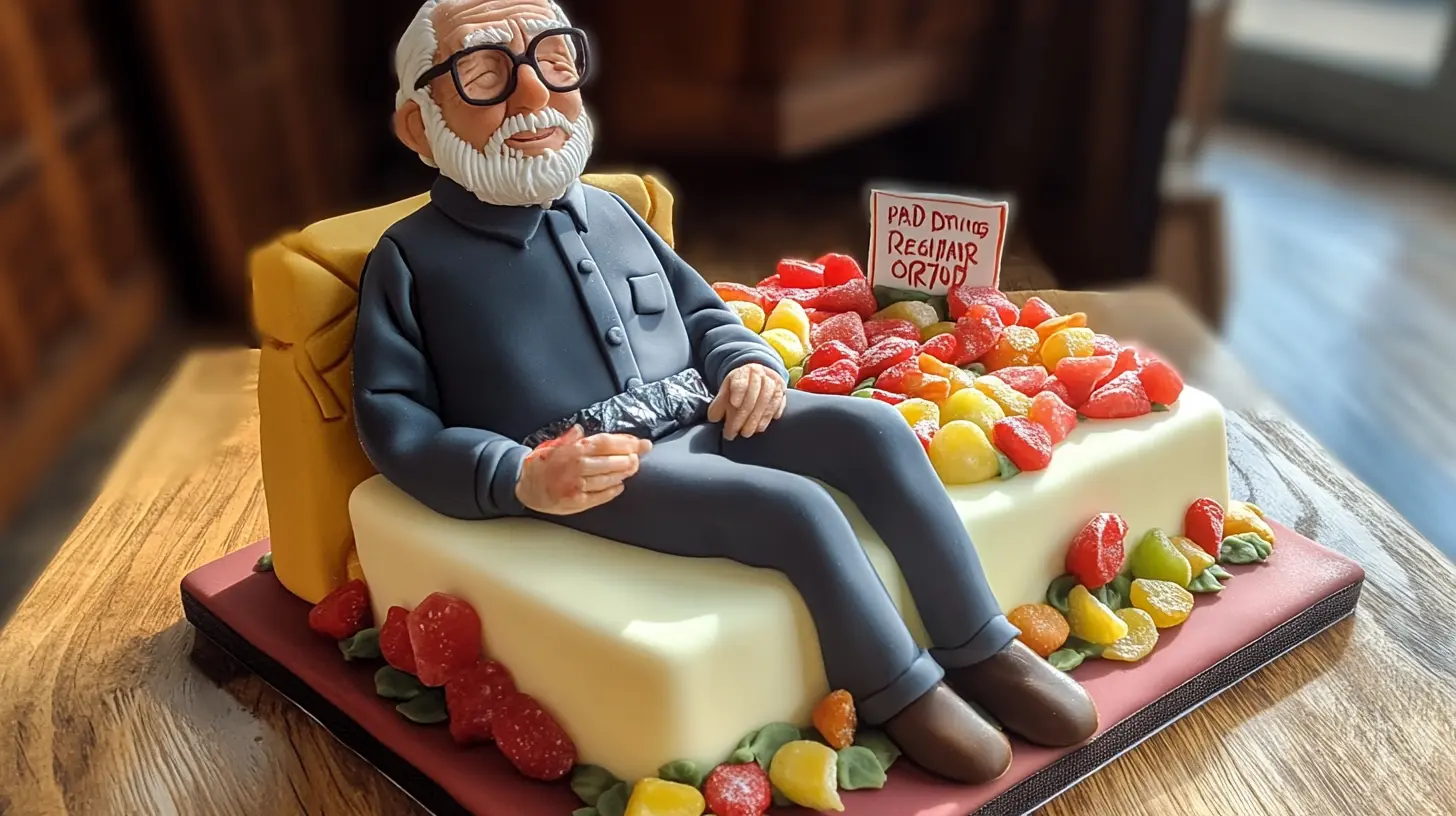 A creative retirement cake featuring a fondant figure of an elderly man resting on a bed of colorful fruit candies.