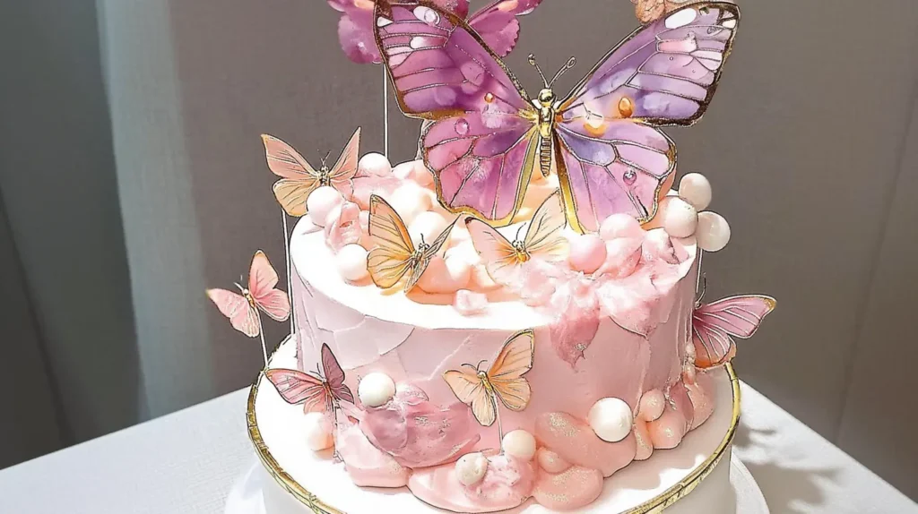 Butterfly cake with pink frosting, adorned with delicate, multi-colored edible butterflies and white decorative spheres.