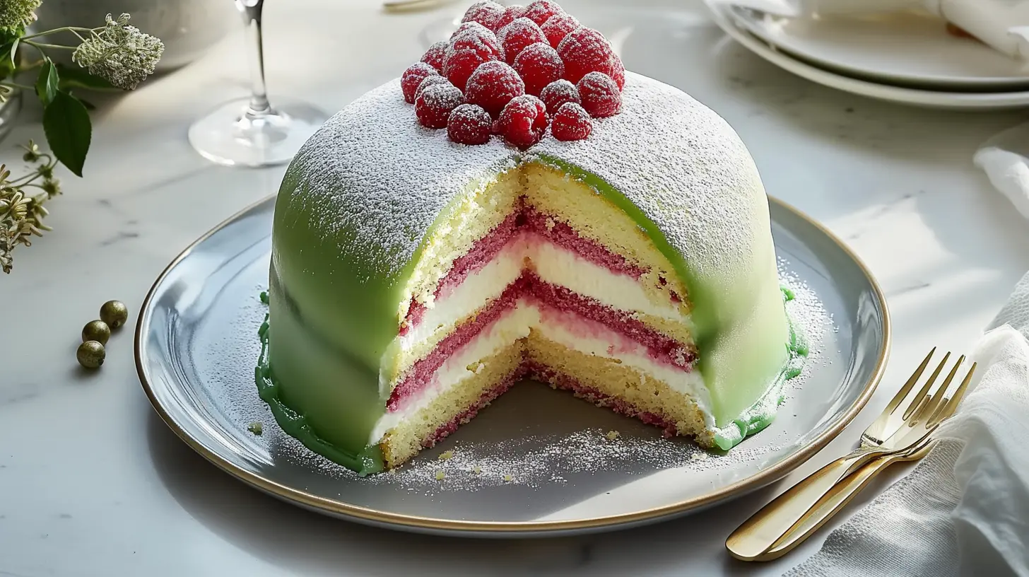 Princess Cake with green marzipan, raspberry filling, and whipped cream layers, topped with raspberries and powdered sugar