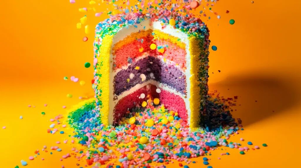 Explosion cake with rainbow layers and colorful candy spilling out from the center"