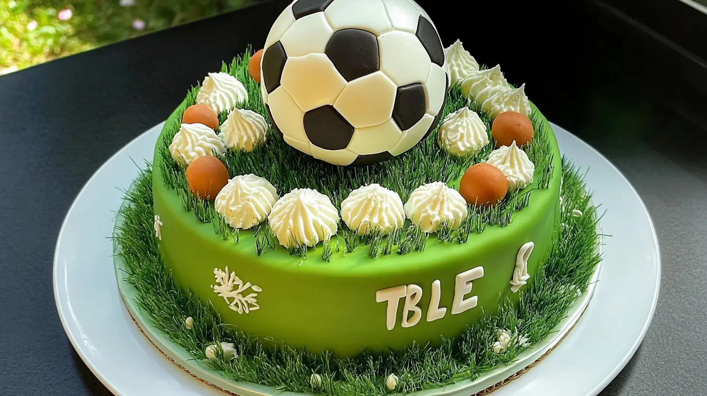 Soccer cake with a green field design, topped with a fondant soccer ball and buttercream decorations.