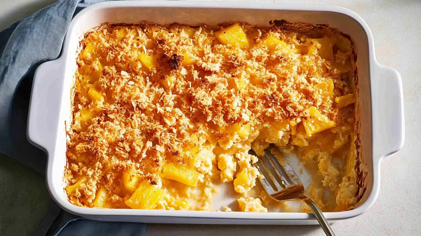 Golden pineapple casserole topped with a crispy cracker crust in a white baking dish with a fork