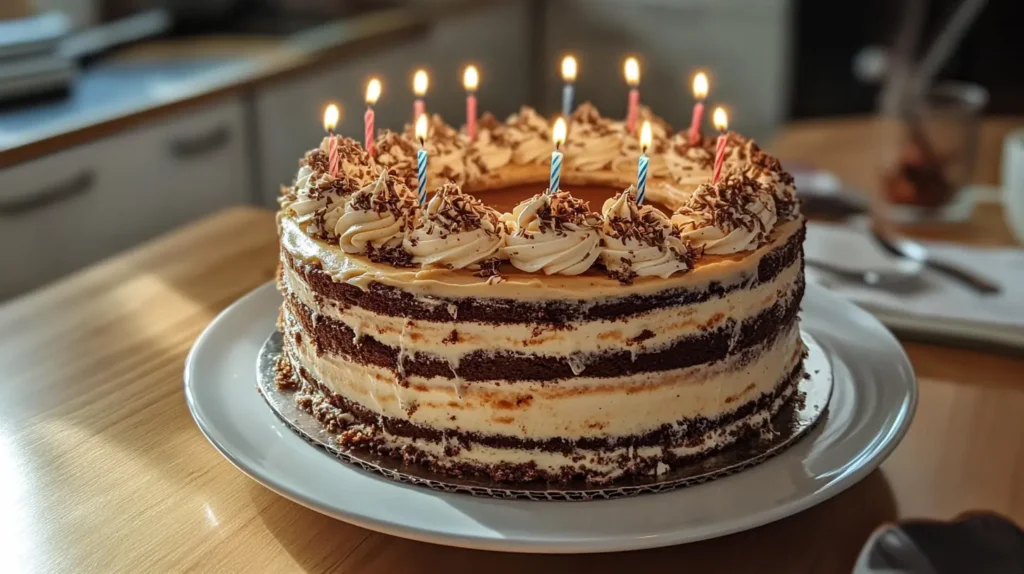 A beautifully decorated birthday cake with chocolate layers and whipped frosting, topped with candles and chocolate shavings.