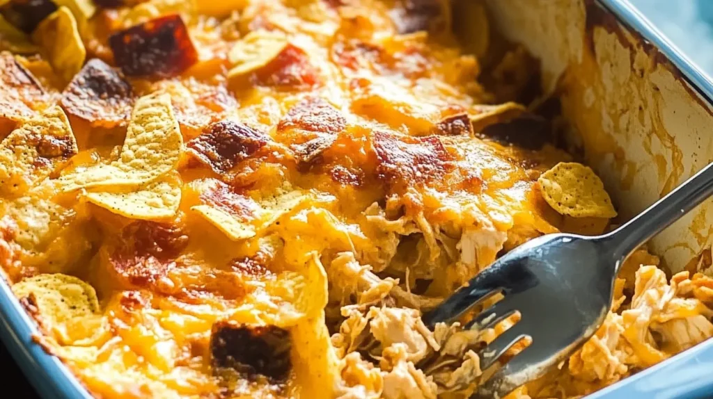 Chicken Dorito casserole in a baking dish, topped with melted cheese and crispy Doritos.