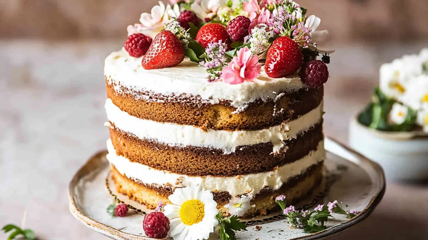 Naked Cake with minimal frosting, decorated with fresh fruit and flowers, showcasing its rustic and elegant layers.