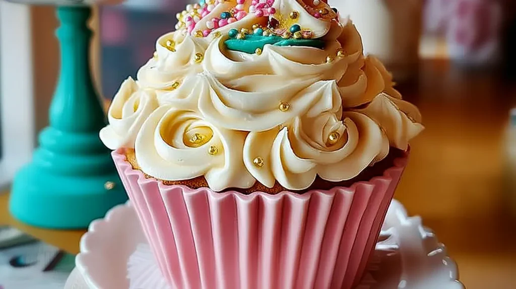 Giant cupcake cake with teal frosting and colorful sprinkles on a red cake stand.