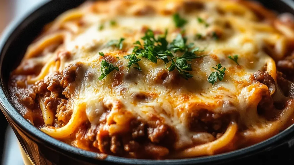 Smoked hamburger casserole topped with melted cheese and garnished with fresh parsley in a black dish